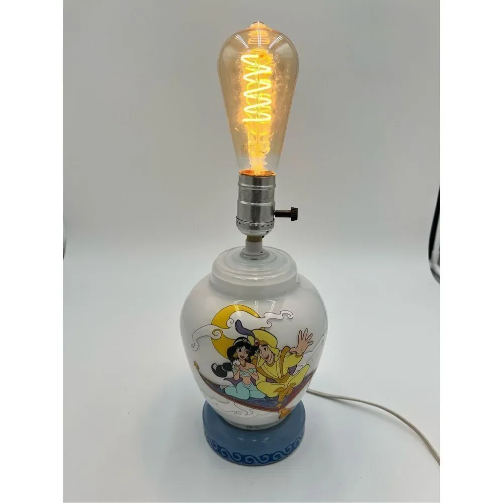 vintage Disney Aladdin & Jasmine Genie Milk Glass Lamp Red Light Night Light 90s